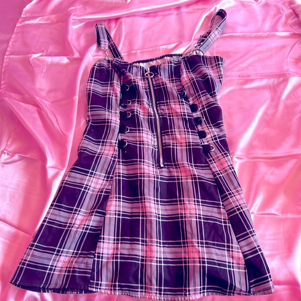 Pink plaid dress with front loops for ribbon or yarn